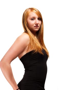 Young redhead woman with black shirt on white background