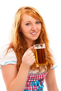 Young woman in dirndl with beer on white background