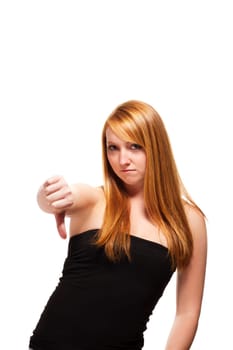 Redhead woman showing thumbs down on white background