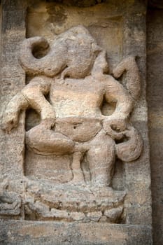 Statue of sitting Ganesha on the wall of Virupaksha Temple, Pattadakal,District Bagalkot, Karnataka, India, Asia