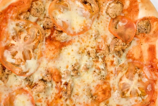 pizza closeup with chicken fillet, tomato and mozzarella cheese