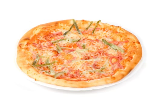 pizza closeup with boiled sausage, ham, marinated gherkin and mozzarella cheese