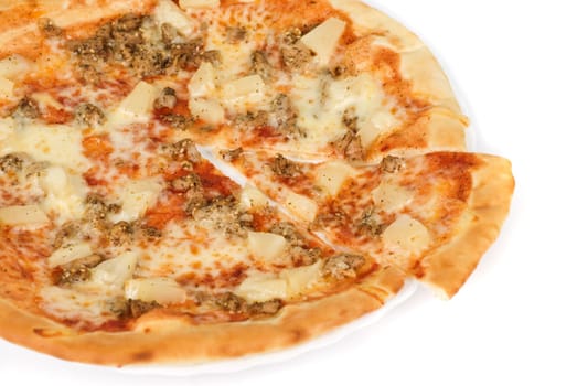 pizza closeup with roast chicken, pineapple, sesame, garlic and mozzarella cheese
