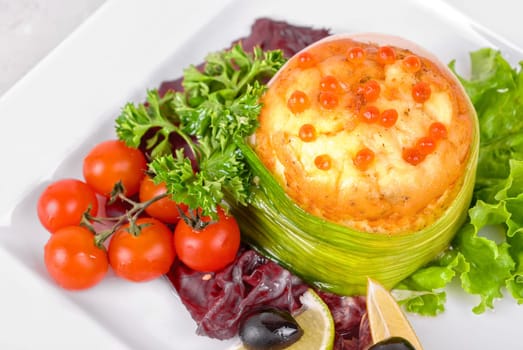 Tasty dish of salmon with omelette and philadelphia cheese