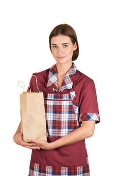 portrait of a female seller on a white
