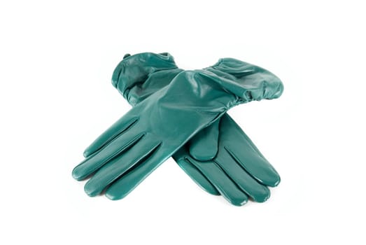Green modern female leather gloves isolated on a white