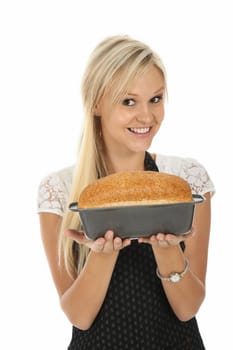Gorgeous blond woman with home baked loaf of bread
