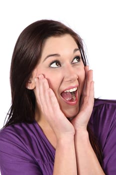 Gorgeous brunette woman with mouth open in surprise
