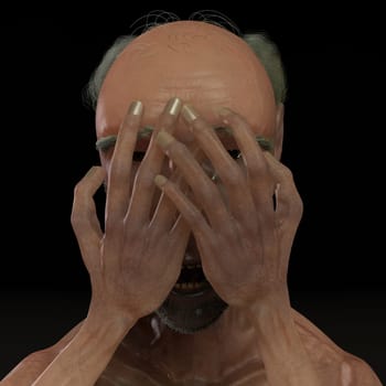 Boldy old men crying and cover sad face