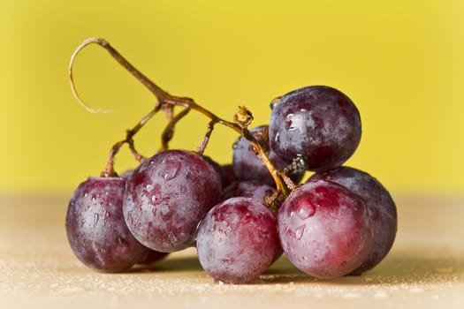 Wet grapes on table with yellow background