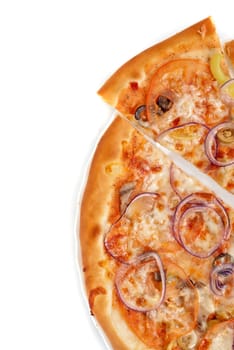 vegetable pizza closeup with tomato, Bulgarian pepper, onion, olive, champignons and mozzarella cheese