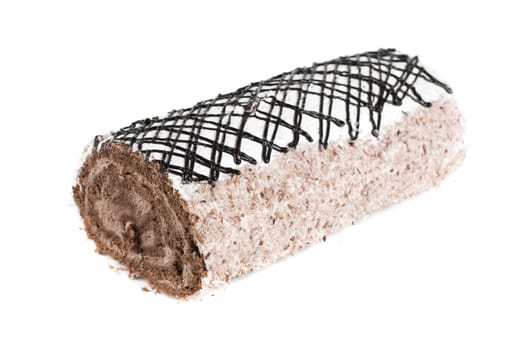 Chocolate Swiss roll closeup isolated on a white background