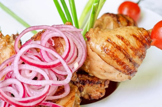 Grilled kebab meat with onion and tomato on a white plate