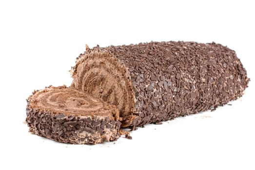Chocolate Swiss roll closeup isolated on a white background