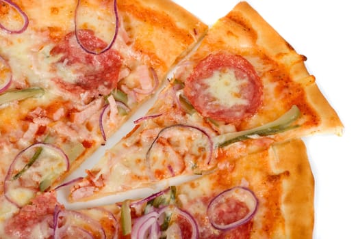 pizza closeup with smoked meat, salami, gherkin, onion and mozzarella cheese