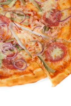 pizza closeup with smoked meat, salami, gherkin, onion and mozzarella cheese