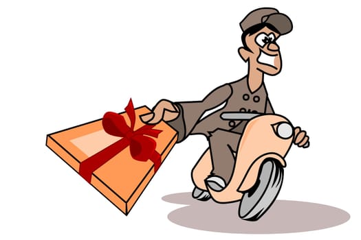 Cheerful parcel deliverer with a gift box