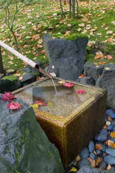 Japanese Garden Bamboo Fountain with square stone basin
