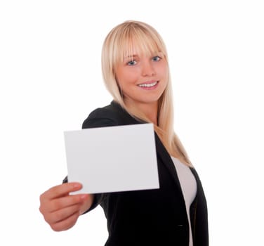 Young woman with business card