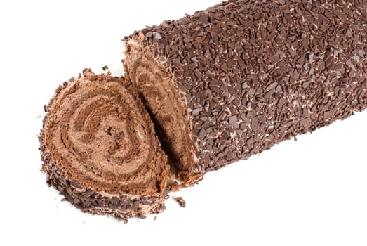 Chocolate Swiss roll closeup isolated on a white background