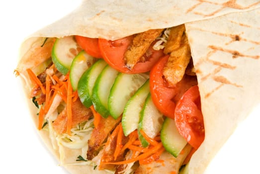 Doner kebab closeup on a white background.