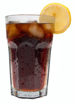 Glass of Cola Drink With Ice and Lemon Isolated on White