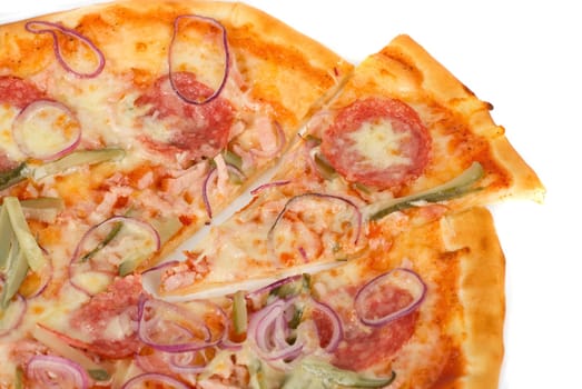 pizza closeup with smoked meat, salami, gherkin, onion and mozzarella cheese