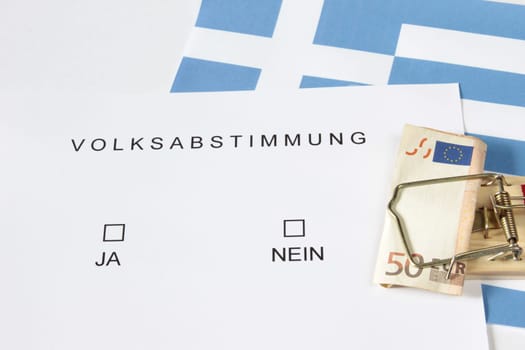 Symbolic photo: Referendum on debt relief for Greece,euro bill in a mousetrap