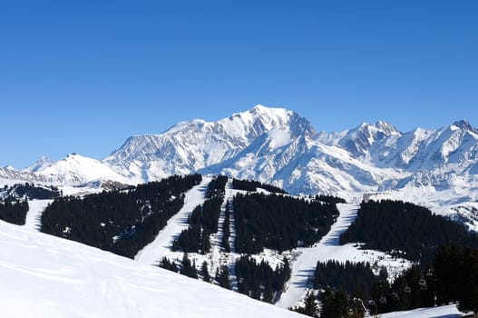 Mont-blanc in winter, alpine mountains, view from Les saisies, France