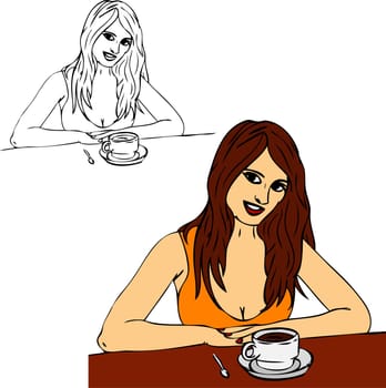 vector - happy woman drinking coffee, isolated on background