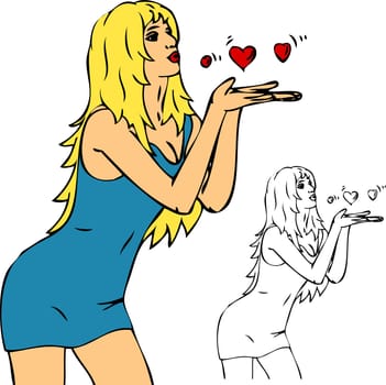 vector - young girl sending hearts, isolated on background