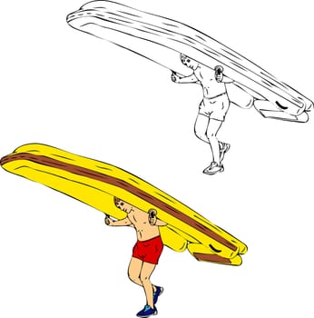 vector - young man carries big inflatable boat