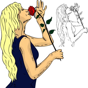 vector - young woman with rose , isolated on background