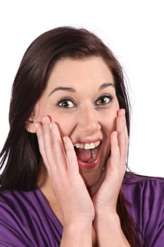 Gorgeous brunette woman with mouth open in surprise