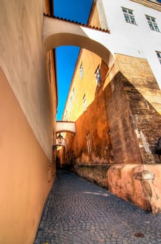 Shot of the typical Prague alleyway - historical centre of the Prague - Old Town, Stare Mesto.  Prague, Czech republic, Europe.