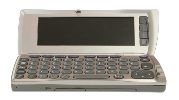 An old style mobile phone showing the keyboard and screen