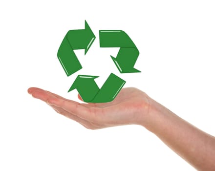 Woman&#039 s opened hand holding recycling symbol