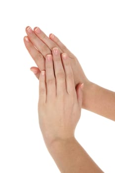Beautiful hands of young woman isolated on white background