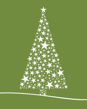 Christmas tree from white stars green background