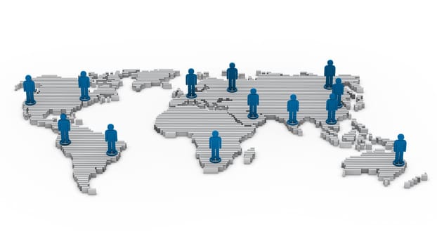 3d wold map network blue business people