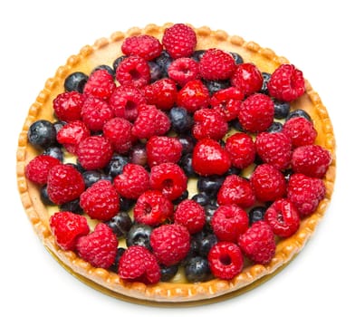 fruit tart with fresh raspberry and blueberry