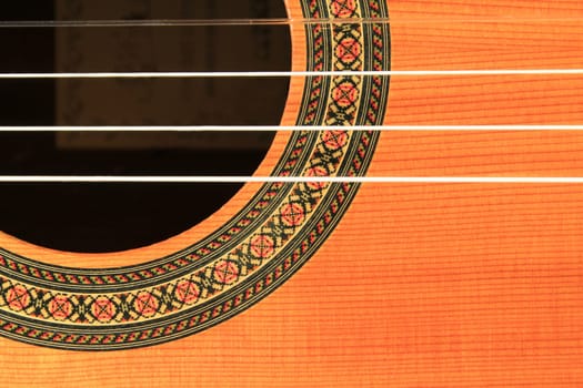 Guitar close up of the strings and sound hole