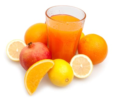 Glass of Multivitamin Juice - Oranges, Lemons and  Pomegranate on White Background