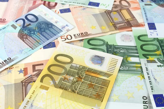 Close-up of various euro bills