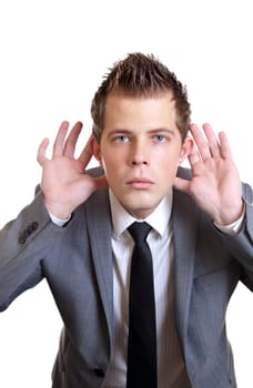 Young businessman tries to listen