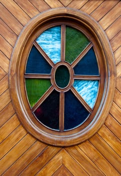 Colorful window in wooden door on Lanzarote, Canary Islands, Spain