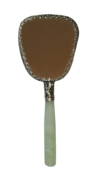 A silver hand mirror with an ivory coloured handle
