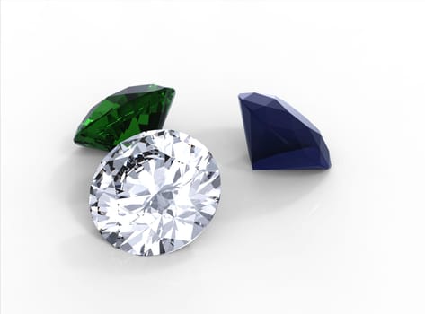 three diamond gemstones isolated on white with shadows, 3d render