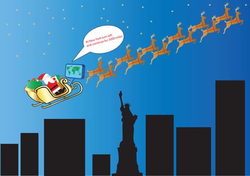 Santa and his Reindeer following Satellite Navigation over New York and the Statue of Liberty suitable for Gift Wrap or Greeting Card