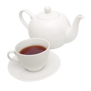 White Cup of Tea and Teapot Isolated on White With Clipping Path